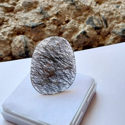 44.9 Carat 38x29x5.5 MM Natural Faceted Black Color Rutile Quartz Rose Cut Shape - Picture 16 of 24