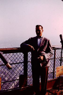 1950s Dapper Man Leaning On Rail  Red Border Kodachrome Slide Ref X-C