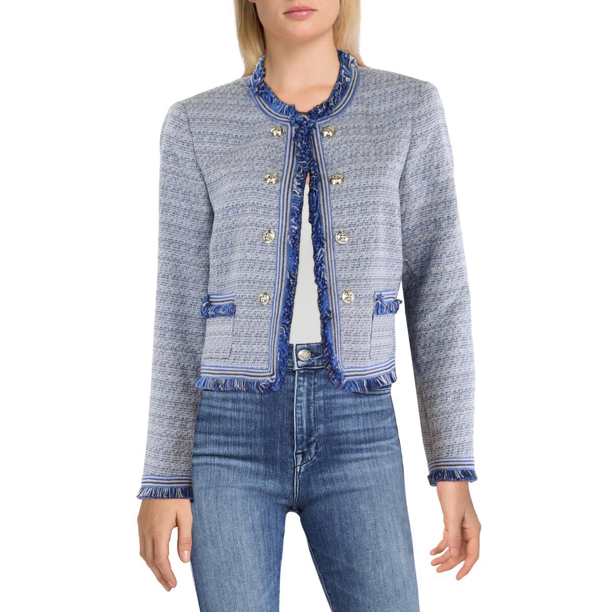 Женский синий офисный блейзер с открытой передней частью, украшенный бахромой, Tahari ASL, 12 BHFO 8238