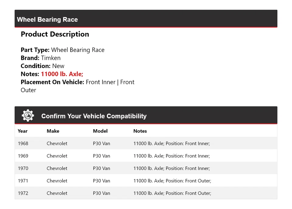 Cojinete de rueda para camioneta Chevrolet P30 1968-1972 Race Timken 1969 1970 1971 Foto 2 de 4