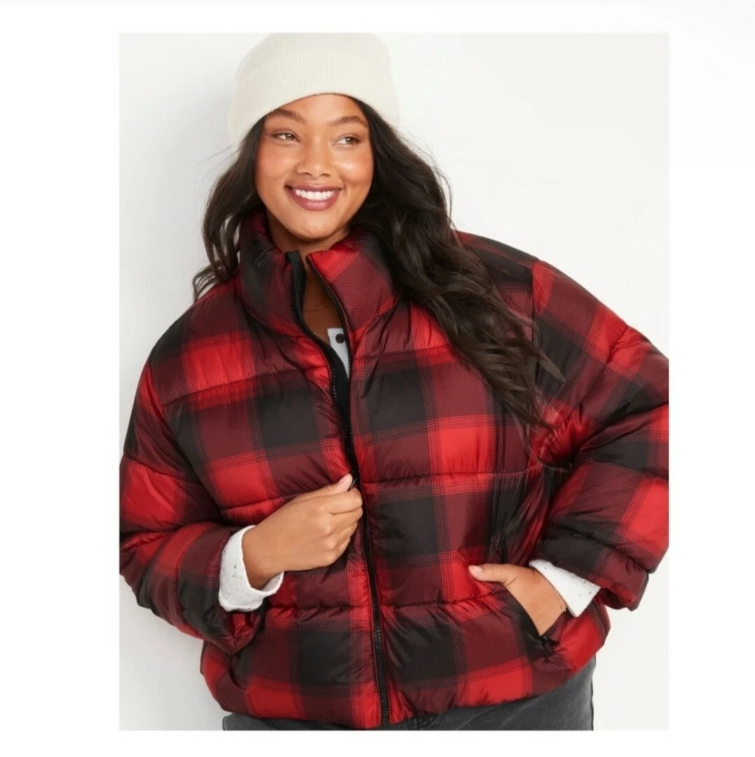 Old Navy Women’s Short Puffer Buffalo Plaid Red and Black Jacket L