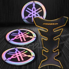 Almohadilla de tanque de agarre de combustible dorado cromado profesional + emblema "láser" logotipo neo pegatina guardabarros Yamaha