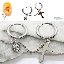 Orecchino doppio cerchio con catena e croce in acciaio inox cerchio uomo donna