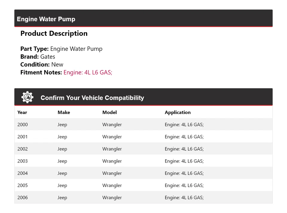 Para Jeep Wrangler 2000-2006 4L L6 motor de gas bomba de agua puertas 2001 2002 2003 Foto 2 de 4