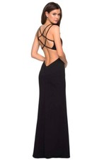 La Femme Black Asymmetrical Neckline Strappy Jersey Evening Dress Size 2 350