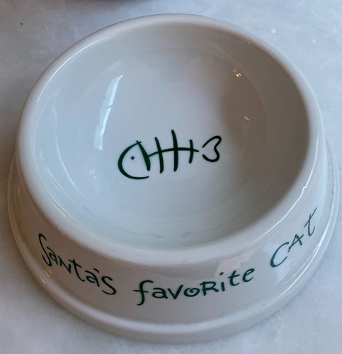 Pottery Barn CAT fish bone Dish Holiday Bowl Large Santa’s Favorite Cat - Picture 3 of 4