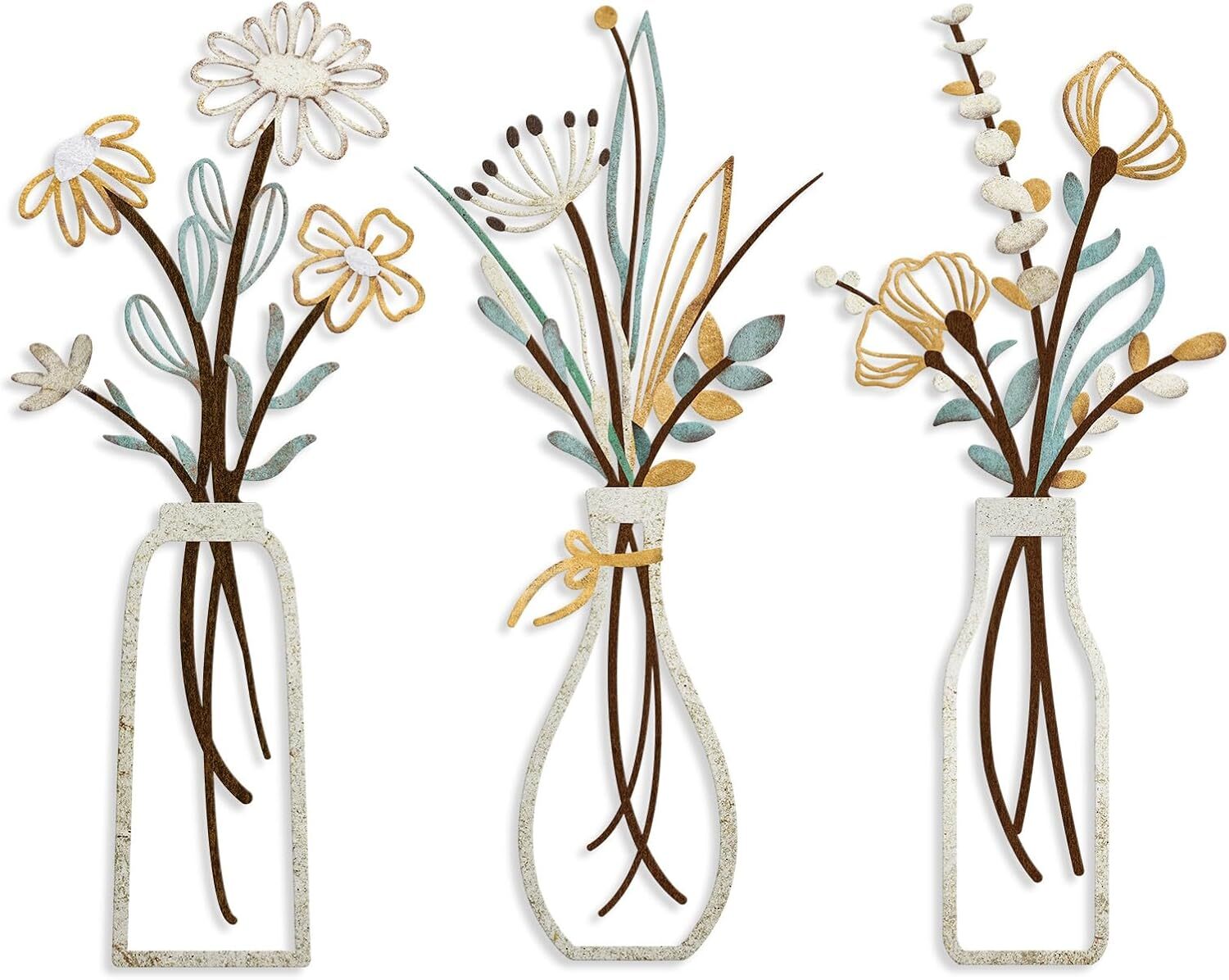 Pigort 3 Pieces Metal Flowers Wall Arts - Rustic Farmhouse Decor Beige Gold