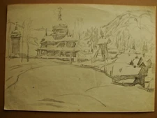 Ukrainian Soviet USSR drawing realism cubism architecture wood church Carpathian