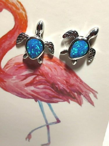 SEA TURTLE STUD EARRINGS, Blue or White Body Made of Lab Opals, 15mm x 15mm, NWT - Picture 3 of 14