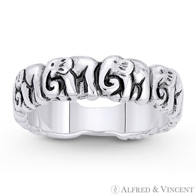 Elephant Herd Family Animal Totem Charm Band Oxidized .925 Sterling Silver Ring