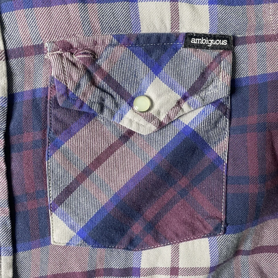 Ambiguous Button Up Pearl Snap Shirt Mens Medium Purple Plaid Flannel Casual  - Image 3 of 4