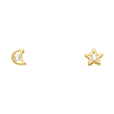 Ioka - 14K Yellow Gold CZ Moon and Star Stud Screw Back Earrings