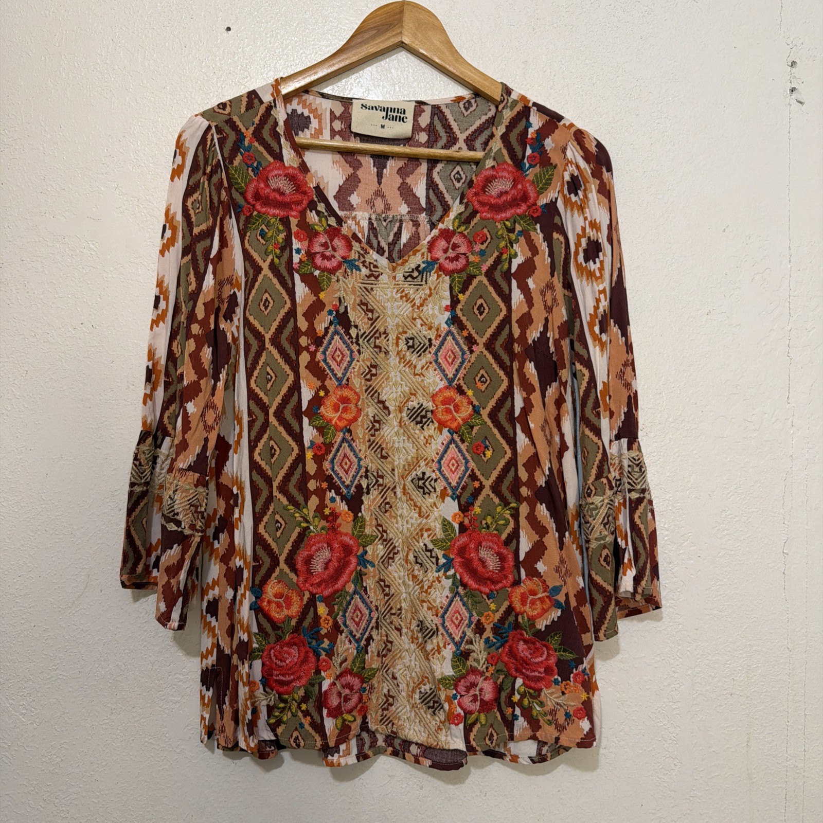 Savanna Jane So M Boho Aztec Floral Embroidered Bell Sleeve Blouse Boho T7