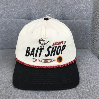 Peanuts Snoopy Bait Shop Hat Cap Snap Back One Size White Mens Fishing Tackle