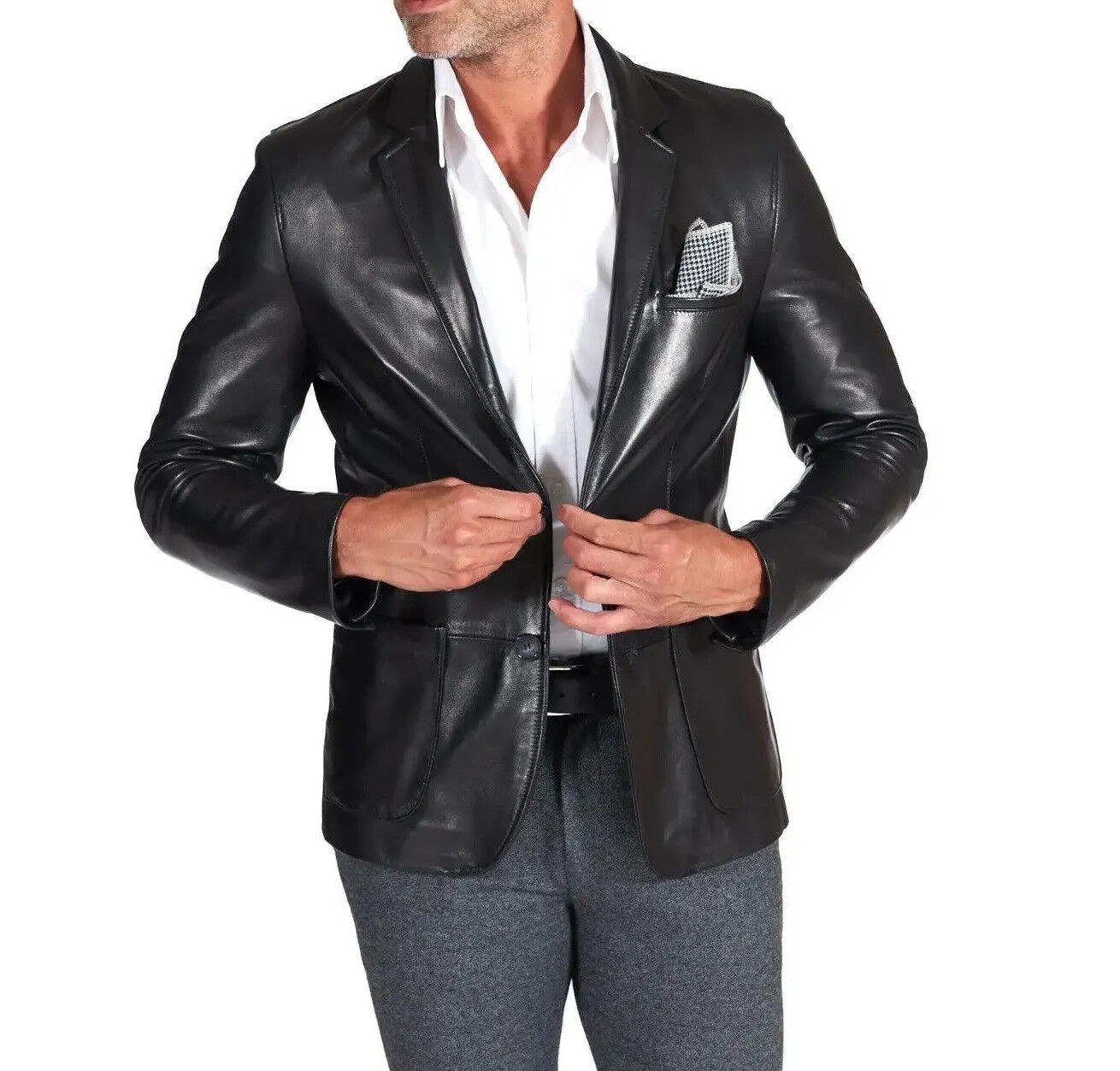 Chaqueta blazer de dos botones de cuero suave genuino de cuero clásico...