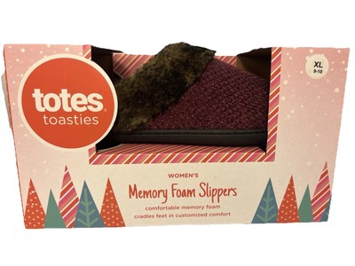 Totes Toasties Women' s Memory Foam Slippers X LG (9-10) Maroon Faux Fur NOS