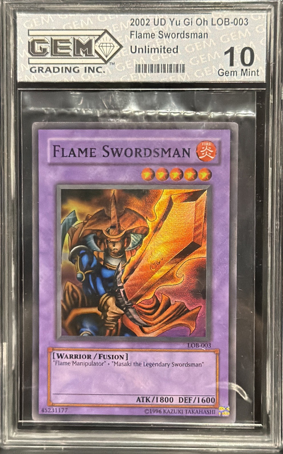 Yugioh 2002 Flame Swordsman Legend of Blue-Eyes PSA 10 LOB-003 gem 10