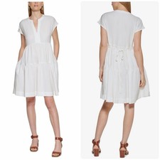 Calvin Klein Gauze Tiered Tie Back Shift Dress Ivory Size 8