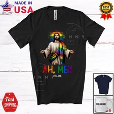 Ah Men; Humorous LGBTQ Gay Pride Jesus; Rainbow Flag Custom Name Family T-Shirt