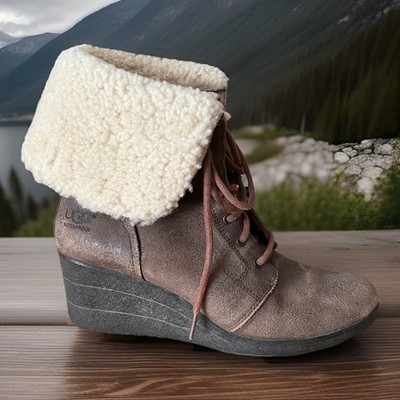 Ugg Boots Zea Shearling Wedge Heel Womens Size 9.5 Brown Leather Wool Lined