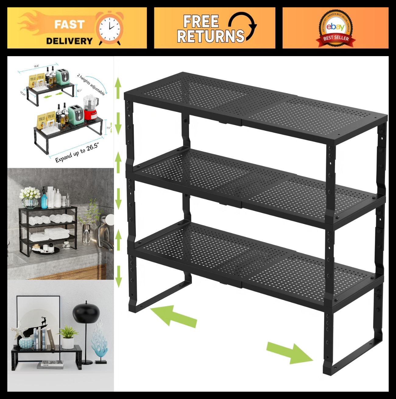 Expandable Adjustable Kitchen Organizer - Stackable Spice Rack & Pantry Shelves