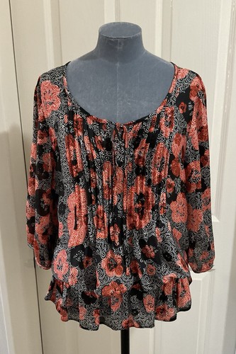 Wallis Size 14 Orange & Black Floral Pleated Tie Front Top Holiday Cruise