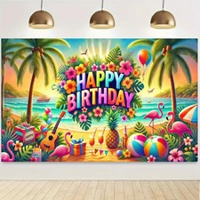 Hawaiian Birthday Banner Tropical Party Backdrop Luau Celebration Decor Happy...