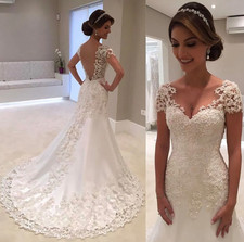Vintage White Backless Lace Mermaid Wedding Dresses V Neck Short Sleeve