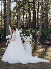 White Lace Long Sleeve Ball Gown Wedding Dress Train Boat Neck Tulle