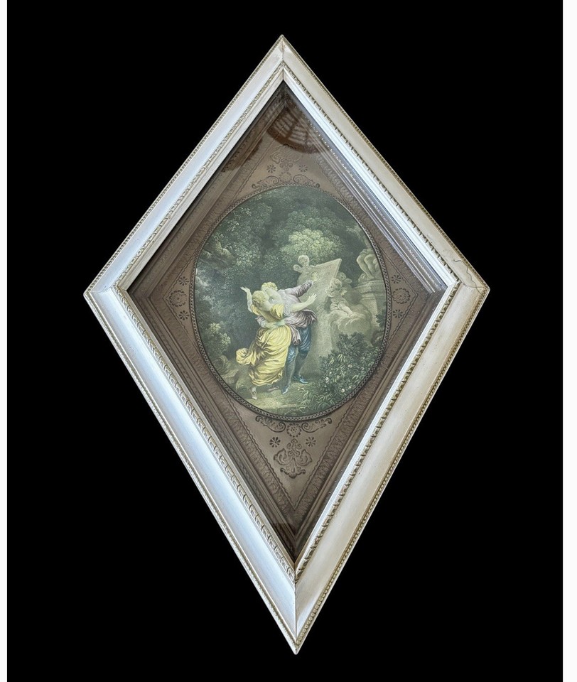 A diamond-shaped framed Rococo romantic art print in a 60s MCM frame — the unexpected shape makes it a genuine conversation piece.