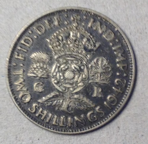 World War 2 WW2 .500 Silver Coin Great Britain 1942 Florin 2 Shillings .1818 ASW