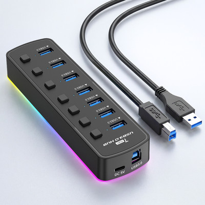 7 Port USB 3.0 Hub Verteiler mit Schalter RGB LED 5Gbps PC Laptop Adapter