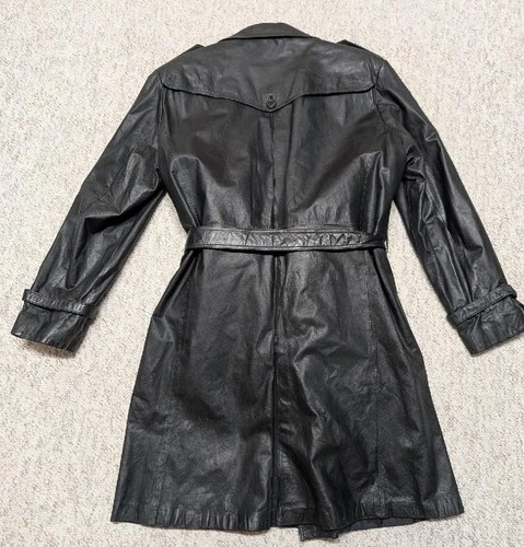 1980s vintage TRENCH COAT leather 42 double breasted BELTED black SHERLOCK image 3