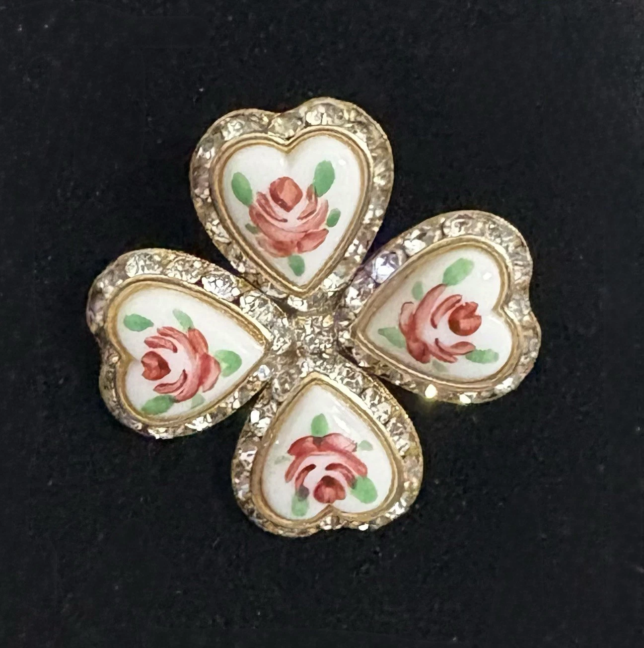 Vtg 4 Leaf Clover Heart Brooch Enamel Hand Painted Rose Rhinestone Good Luck Pin