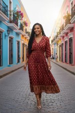 ME 2 Magic Anthropologie Red Gold Metallic Print Maxi Dress Bell Sleeve Boho L