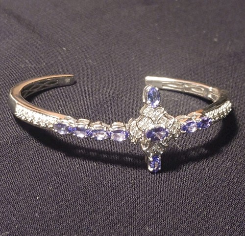 Platinum Over Sterling Silver Tanzanite & White Zircon Hinged Cuff Bangle