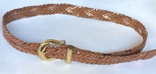 Light Brown Braided Woven Genuine Leather Women's Belt Size L Gold Tone Buckle