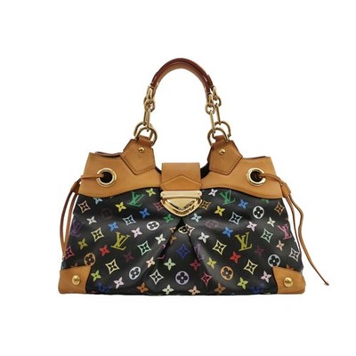 Auth Louis Vuitton Monogram Multicolor Black Vachetta Leather Ursula Handbag