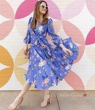 ELIZA J. FLORAL BLOUSON BELTED FAUX WRAP TIERED MIDI DRESS IN PERIWINKLE $178