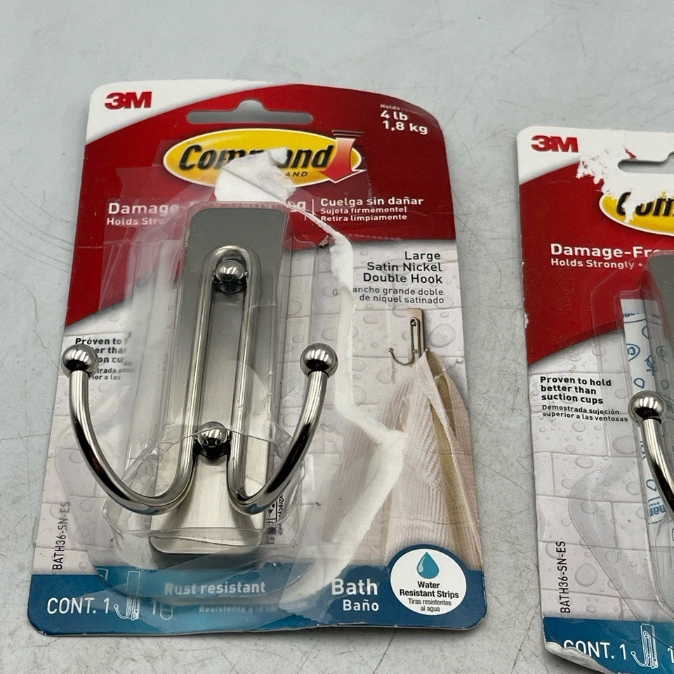 Gancho doble de baño 3M Command grande níquel satinado BATH09-SN-ES sin daños-2PK Foto 2 de 4