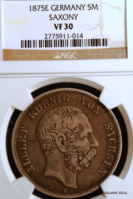 1875-E NGC Vf30 KM-1237 Germany, Saxony 5 Mark   #E0852