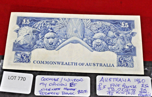 1960, AUSTRALIA, FIVE POUNDS, COOMBS/WILSON TB/95 259678, R50, LOT 770, "E.F" - Picture 8 of 8