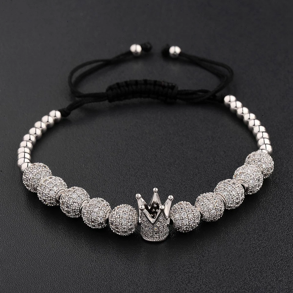 Модные мужские серебряные браслеты Micro Pave с фианитами цирконий мяч королевская корона плетеные США - Изображение 2 из 4