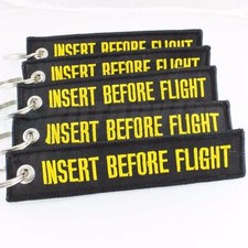 INSERT BEFORE FLIGHT QTY 5 PCS BLACK/yellow KEYCHAIN RING TAGS CABIN CREW