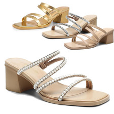 Women Low Chunky Block Heel Open Toe Strappy Casual Mule Heel Sandals