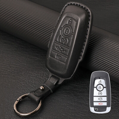 LEATHER Key Fob Chain For Ford 5 Buttons Remote Accessories Cover Case Ring F150