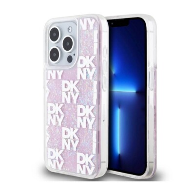 Original DKNY rosa flüssiger Glitzer kariertes Muster Logo Hülle für iPhone 15 Pro