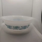 Vtg GLASBAKE Mixing Bowl Blue Thistle Flower Cinderella Handles Glass