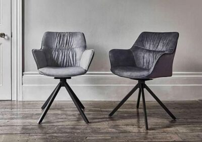Furniture Village Marvel Grey Velvet Swivel Dining Chairs Black metal base  UK