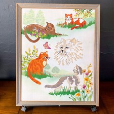 Vintage SO MANY CATS Handmade Colorful Framed Needlepoint KittY Kitten ART
